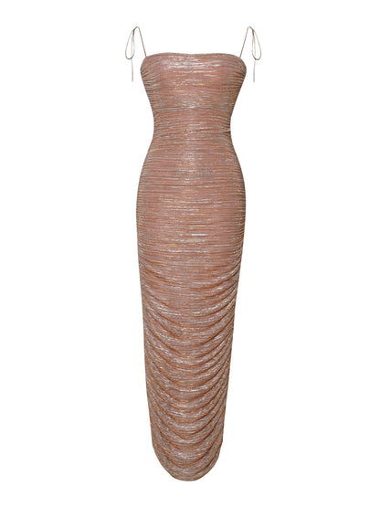 Aubrey Ruched Shimmer Chiffon Gown X Rose Gold