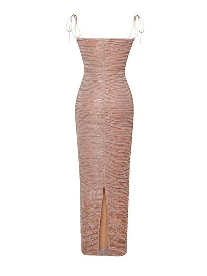 Aubrey Ruched Shimmer Chiffon Gown X Rose Gold