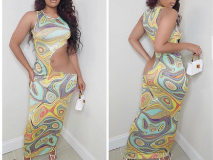 Mikaela Psychedelic Cutout Dress - Sage