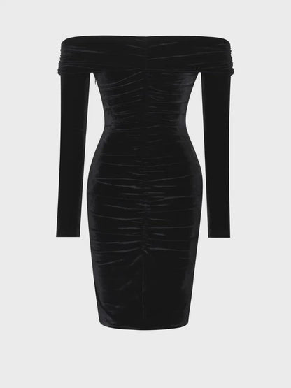 PRE-ORDER Gloria Off Shoulder Velvet Long Sleeve Bodycon Dress x Black