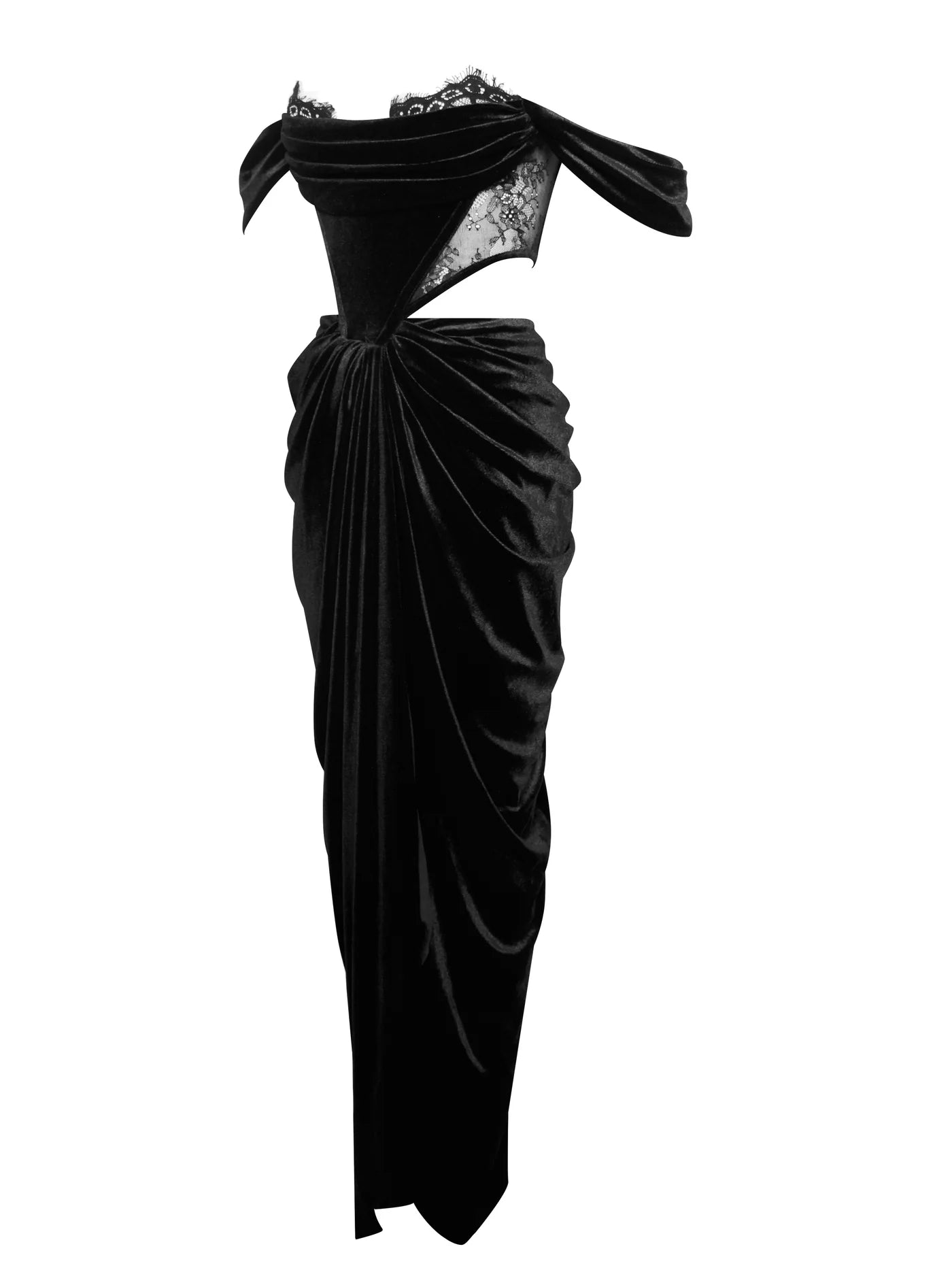 PRE-ORDER Donatella Lace Velvet Corset Off Shoulder Gown x Black