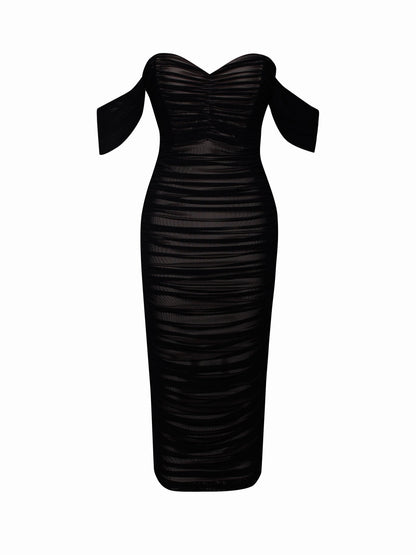 PRE-ORDER Mia Off Shoulder Mesh Maxi Dress x Black