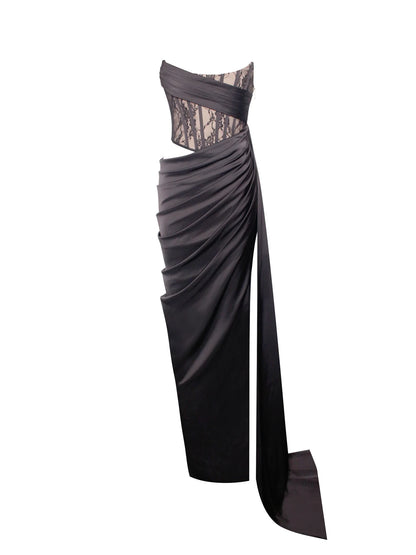 PRE-ORDER Donatella Black Lace Satin Corset High Slit Gown