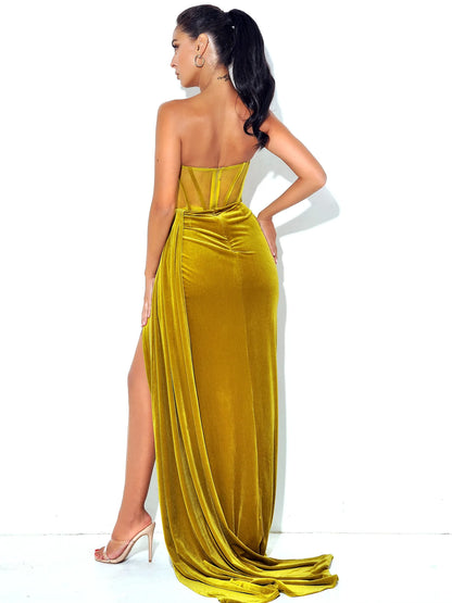 Catalina Gold Draping Corset High Slit Velvet Gown
