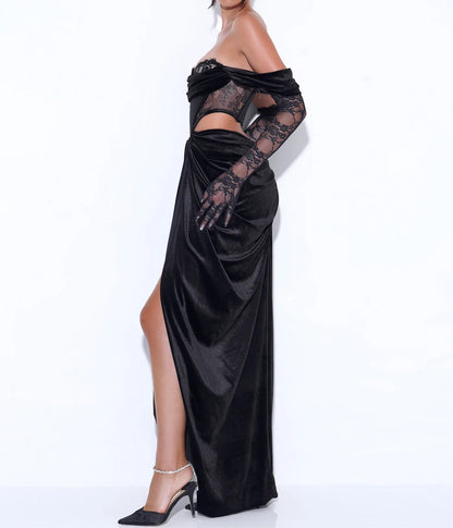 PRE-ORDER Donatella Lace Velvet Corset Off Shoulder Gown x Black