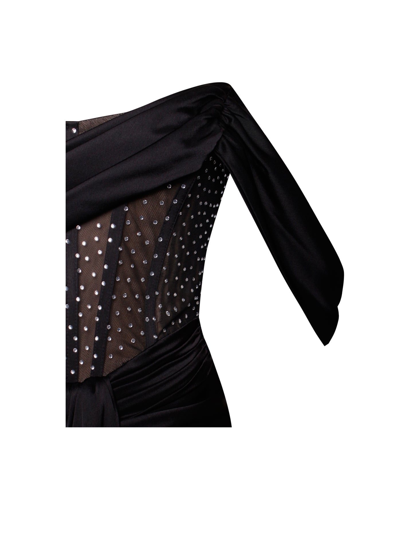 PRE-ORDER Elena Off Shoulder Corset Satin Dress with Crystals x Black