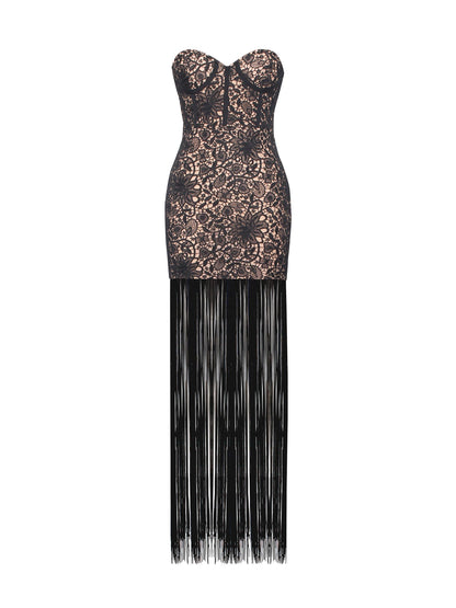 String Me Along Lace Fringed Strapless Dress x Black