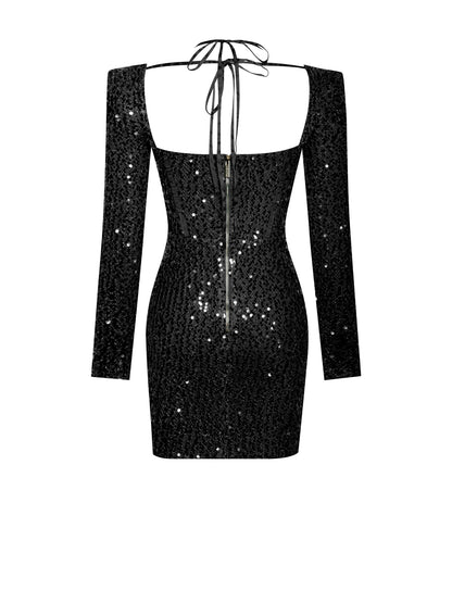 PRE-ORDER Claudia Long Sleeve Sequin Dress x Black