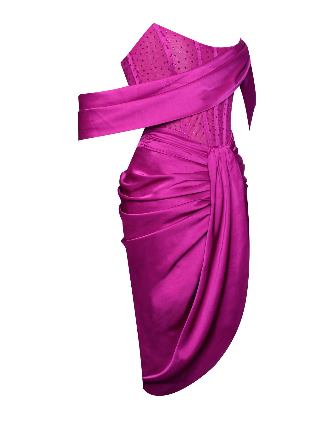 PRE-ORDER Elena Off Shoulder Corset Satin Dress with Crystals x Fuschia