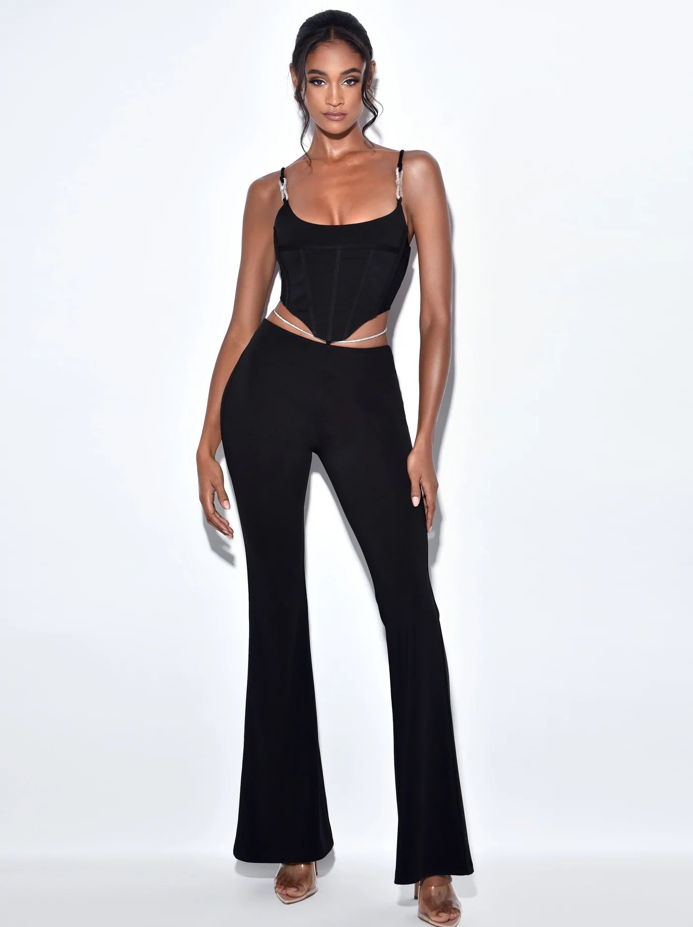 PRE-ORDERS Fulani Black Crystal Waist Strap Flare Pants