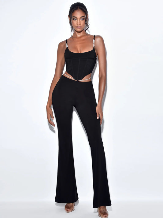 PRE-ORDERS Fulani Black Crystal Waist Strap Flare Pants