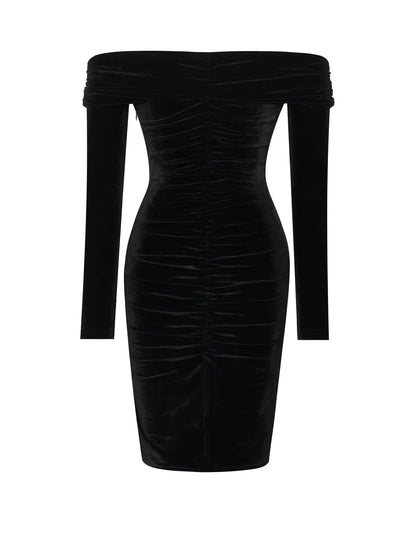 PRE-ORDER Gloria Off Shoulder Velvet Long Sleeve Bodycon Dress x Black