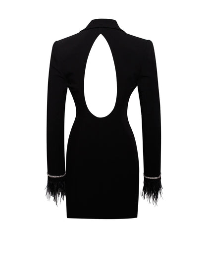PRE-ORDER Isabella Feather Crystal Sleeve Backless Blazer Dress x Noir