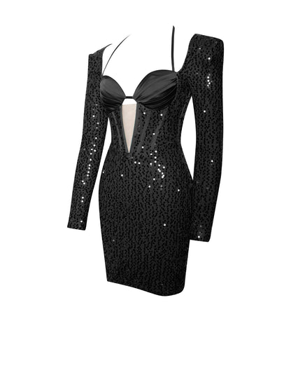 PRE-ORDER Claudia Long Sleeve Sequin Dress x Black