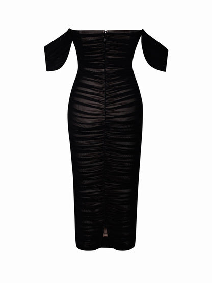 PRE-ORDER Mia Off Shoulder Mesh Maxi Dress x Black