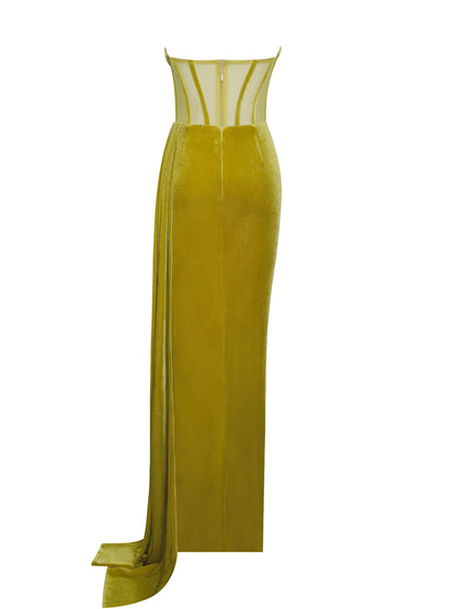 Catalina Gold Draping Corset High Slit Velvet Gown