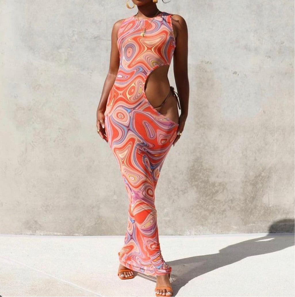 Mikaela Psychedelic Cutout Dress -  Tangerine