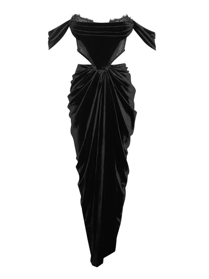 PRE-ORDER Donatella Lace Velvet Corset Off Shoulder Gown x Black