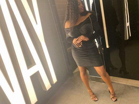 PRE-ORDER Gloria Off Shoulder Velvet Long Sleeve Bodycon Dress x Black