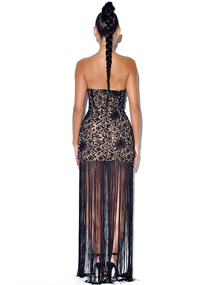 PRE-ORDER String Me Along Lace Fringed Strapless Dress x Black