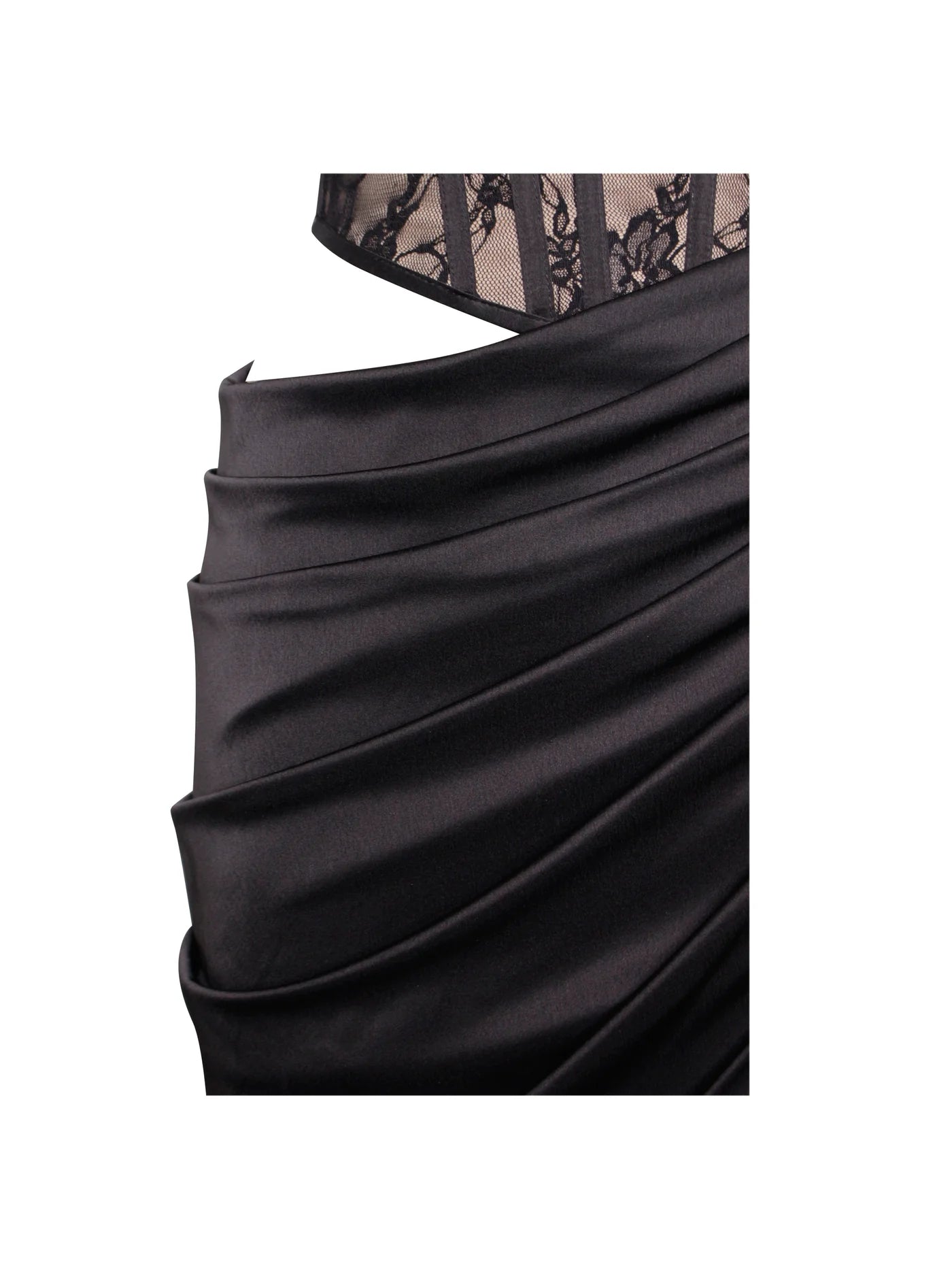 PRE-ORDER Donatella Black Lace Satin Corset High Slit Gown