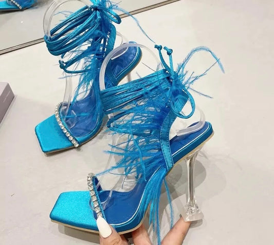 PRE-ORDER Premadonna Feather Rhinestone Strappy Heels