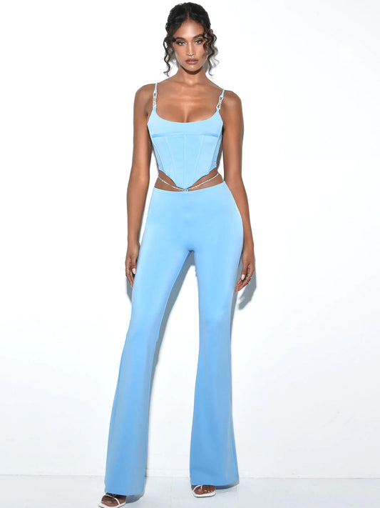 PRE-ORDERS Fulani Powder Blue Crystal Waist Strap Flare Pants