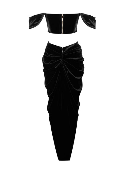 PRE-ORDER Donatella Lace Velvet Corset Off Shoulder Gown x Black