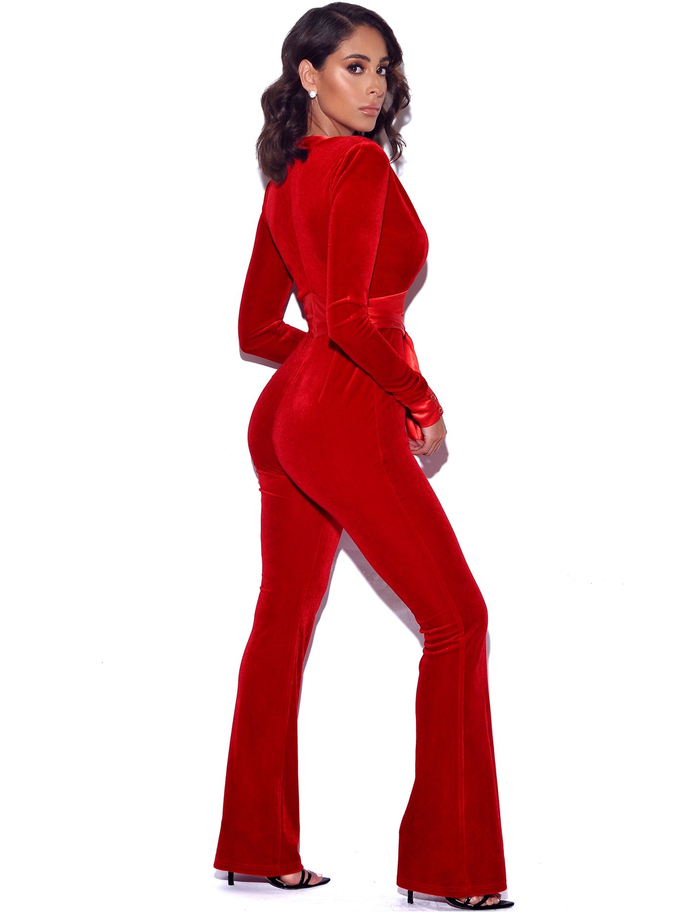 PRE-ORDER Genevieve Velvet Satin Tie Jumpsuit x RED