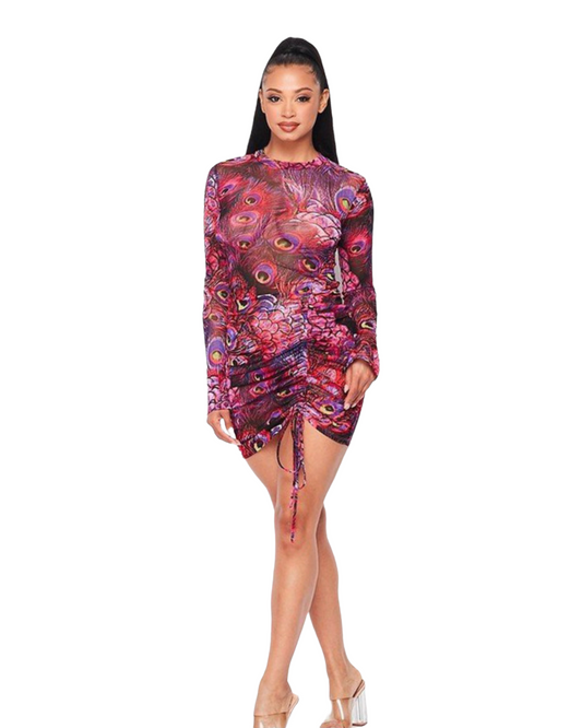 Sri Lanka Ruched Mesh Dress - Peacock