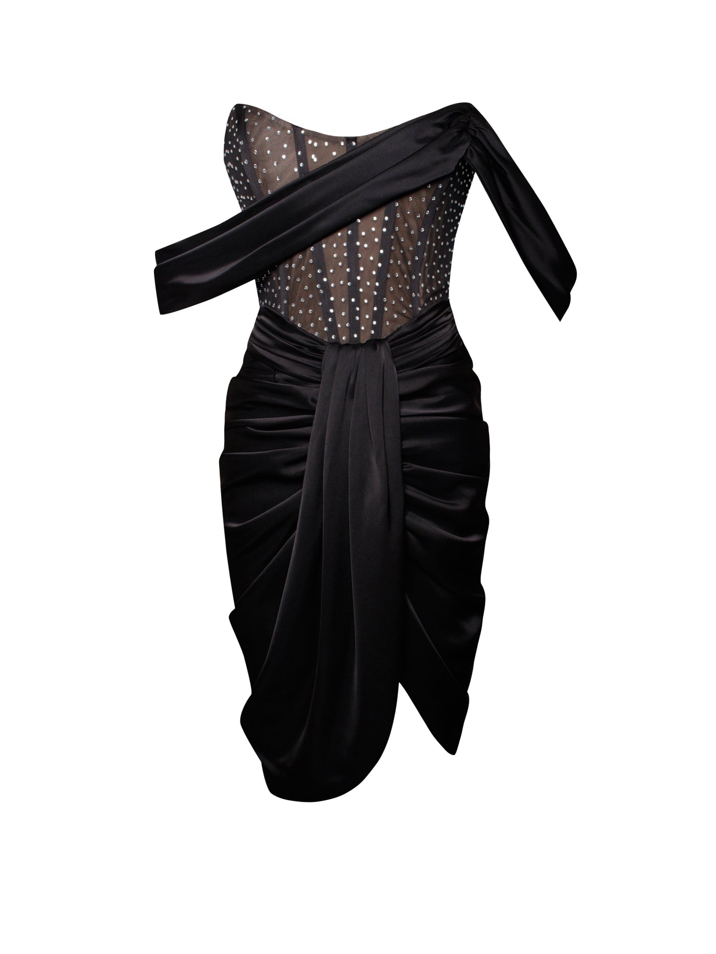 PRE-ORDER Elena Off Shoulder Corset Satin Dress with Crystals x Black