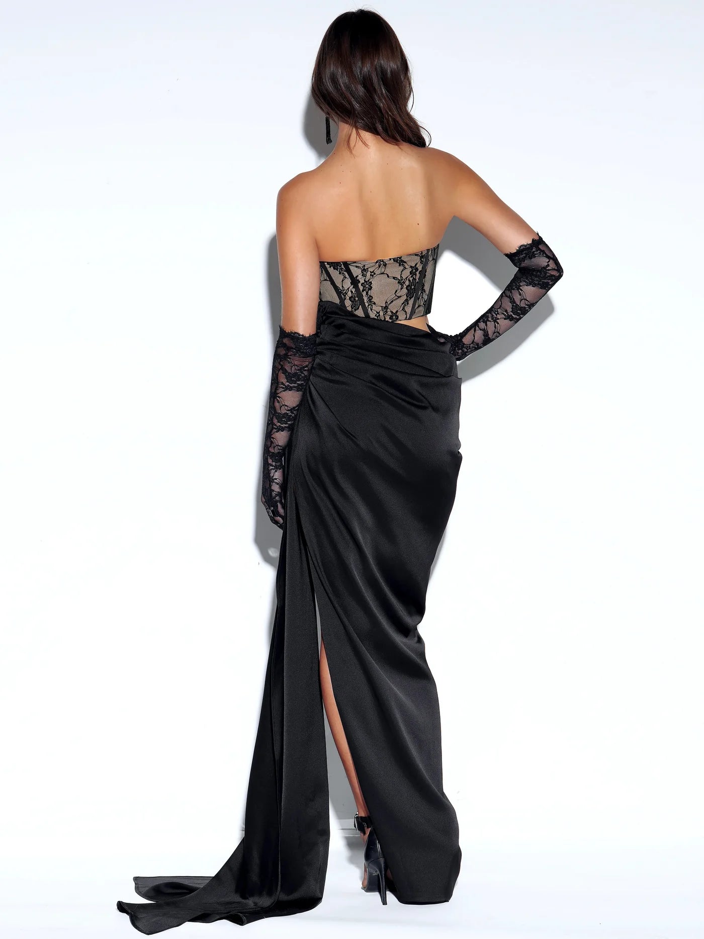 PRE-ORDER Donatella Black Lace Satin Corset High Slit Gown