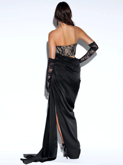 PRE-ORDER Donatella Black Lace Satin Corset High Slit Gown