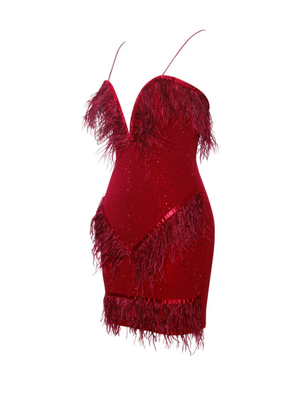 PRE-ORDER Mariah Crystal and Fur Red Stretch Crepe Dress x Red