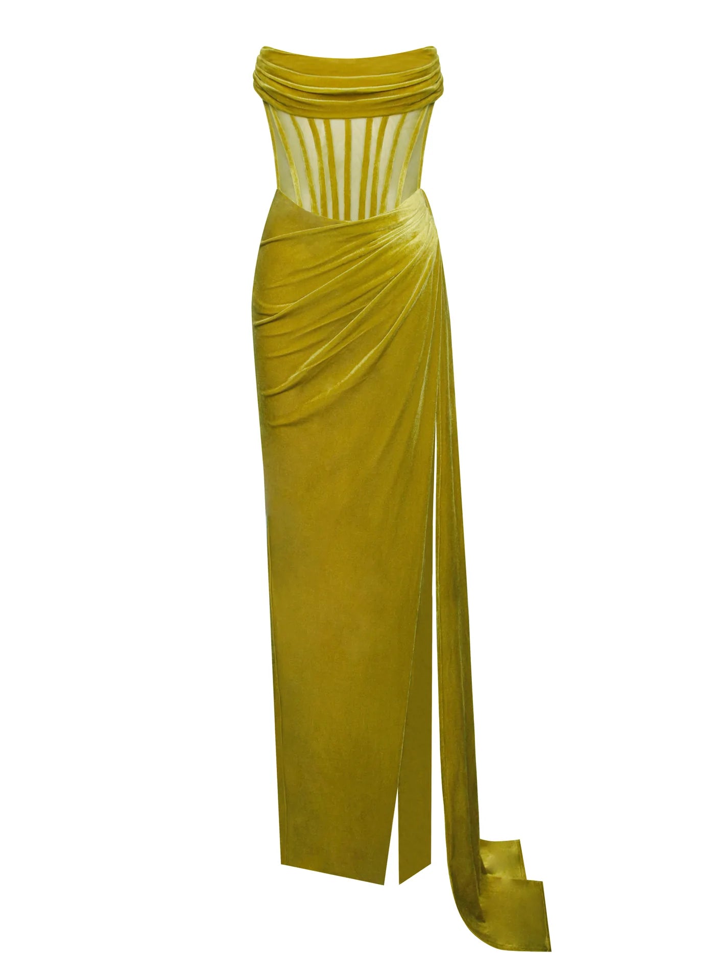 Catalina Gold Draping Corset High Slit Velvet Gown
