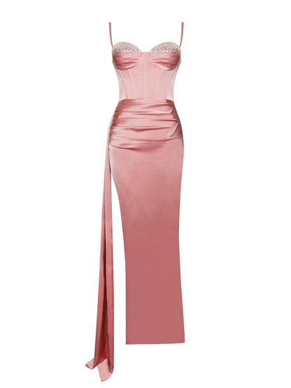 PRE-ORDER Adele Satin High Slit Draping Corset Gown With Crystals x Green x Mint