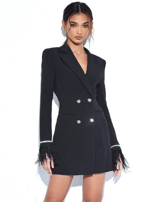 PRE-ORDER Isabella Feather Crystal Sleeve Backless Blazer Dress x Noir