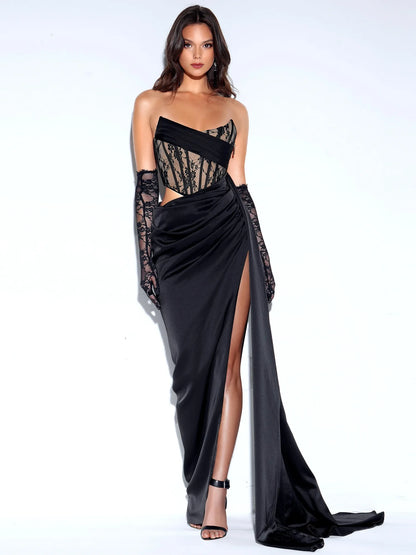 PRE-ORDER Donatella Black Lace Satin Corset High Slit Gown