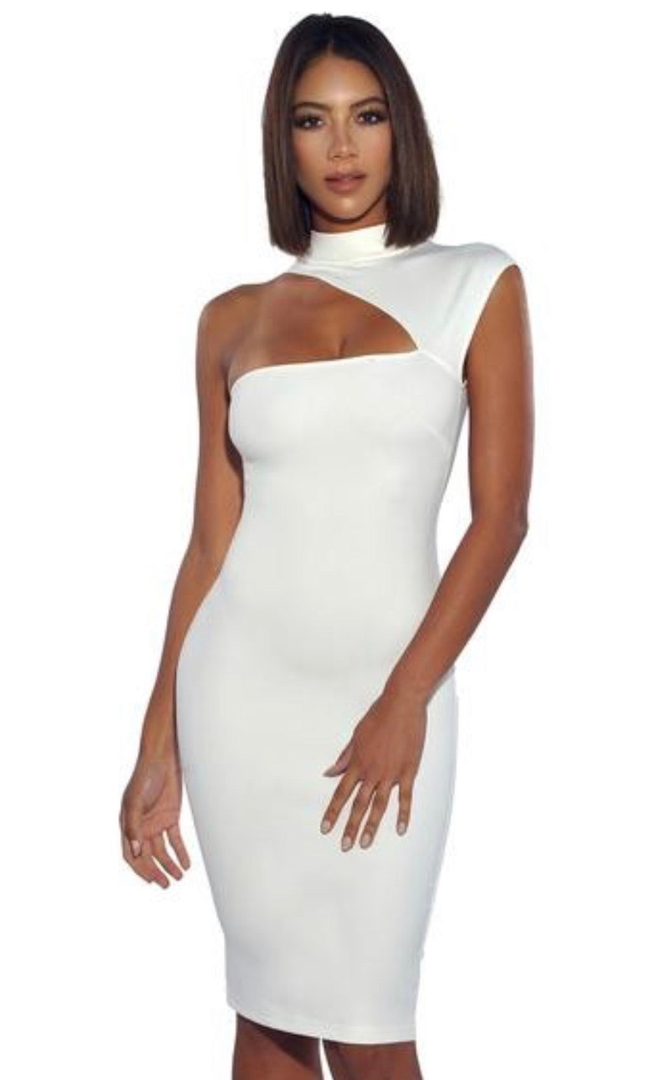 Aria Asymmetric Neck Detail Dress x White
