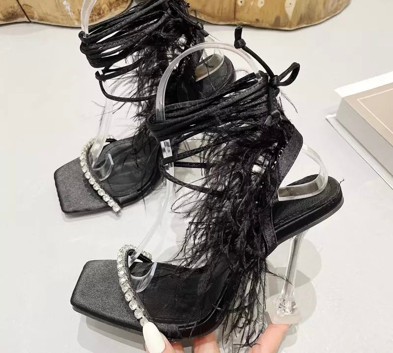 PRE-ORDER Premadonna Feather Rhinestone Strappy Heels