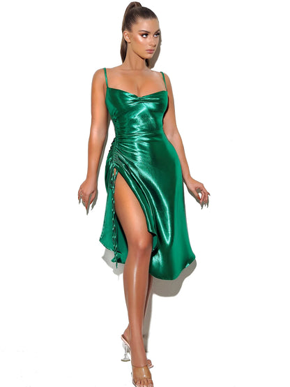 PRE-ORDER Celia Satin Side Slit Dress x Green