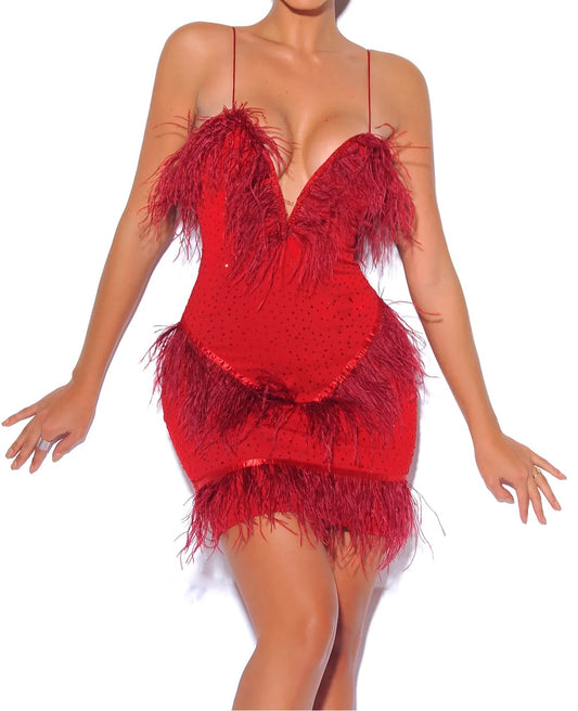 PRE-ORDER Mariah Crystal and Fur Red Stretch Crepe Dress x Red