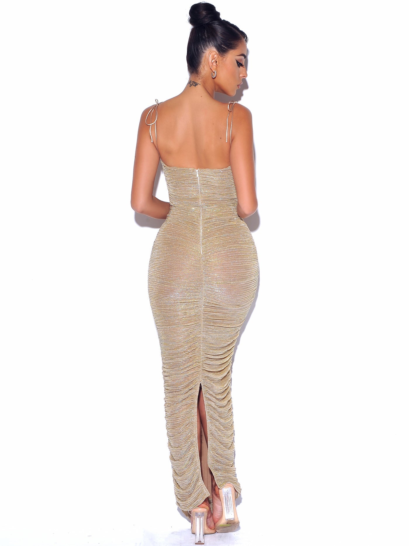 Aubrey Ruched Shimmer Chiffon Gown X Gold