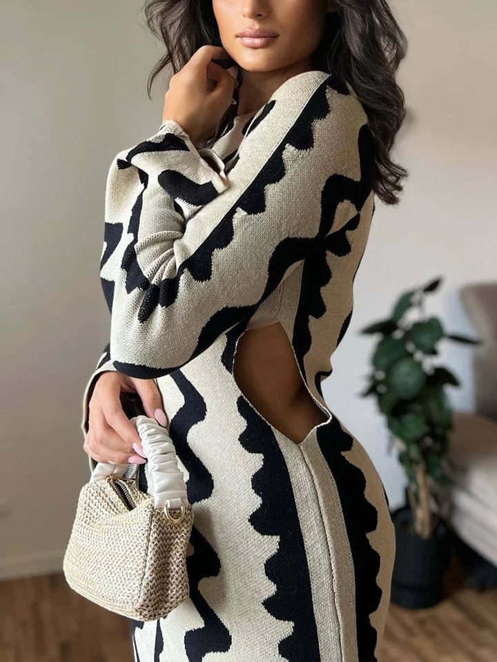 PRE-ORDER Akila Knitted Cut Out Midi Bodycon Dress x Cream