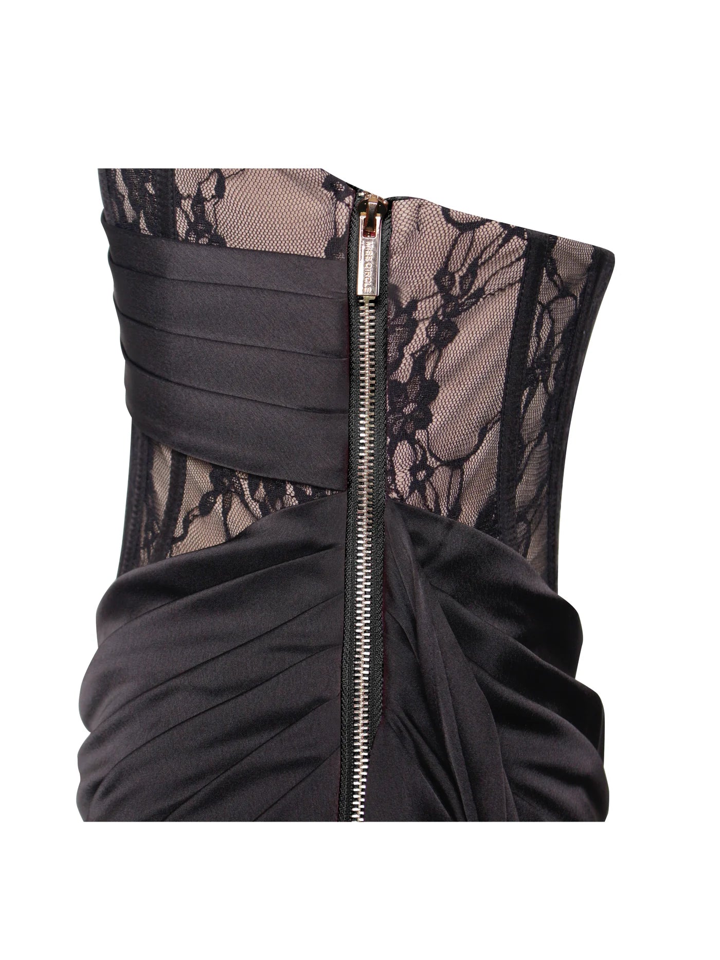 PRE-ORDER Donatella Black Lace Satin Corset High Slit Gown