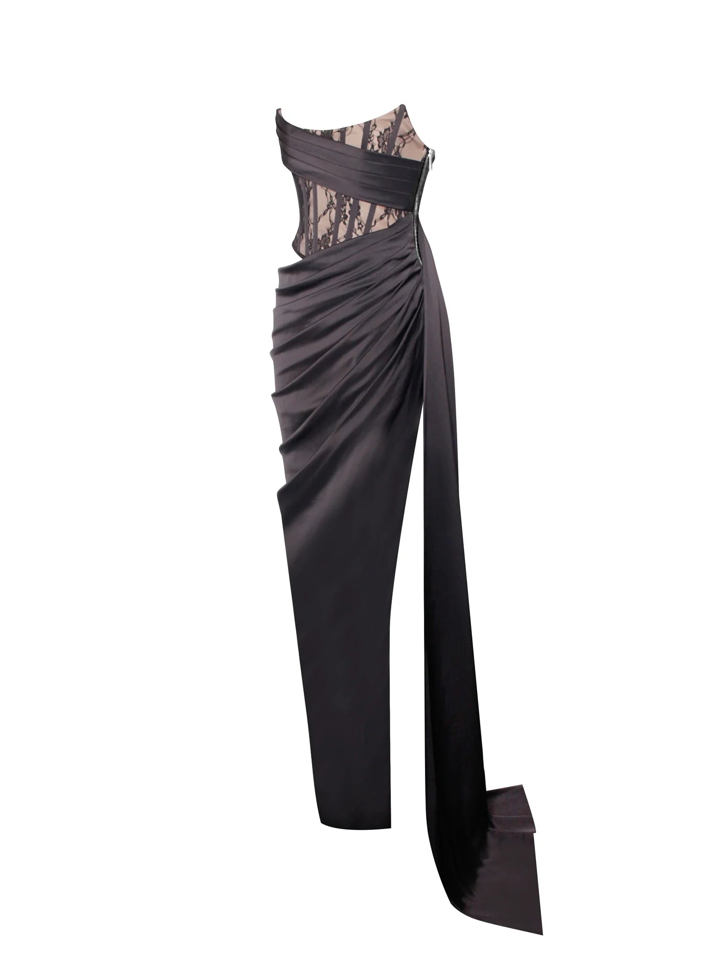 PRE-ORDER Donatella Black Lace Satin Corset High Slit Gown