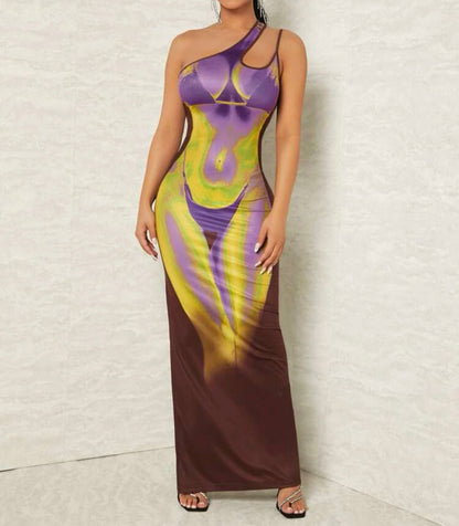 Rio Body Heat One Shoulder Cut Out Maxi Dress x Brown