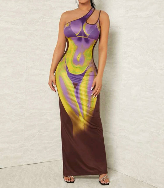Rio Body Heat One Shoulder Cut Out Maxi Dress x Brown