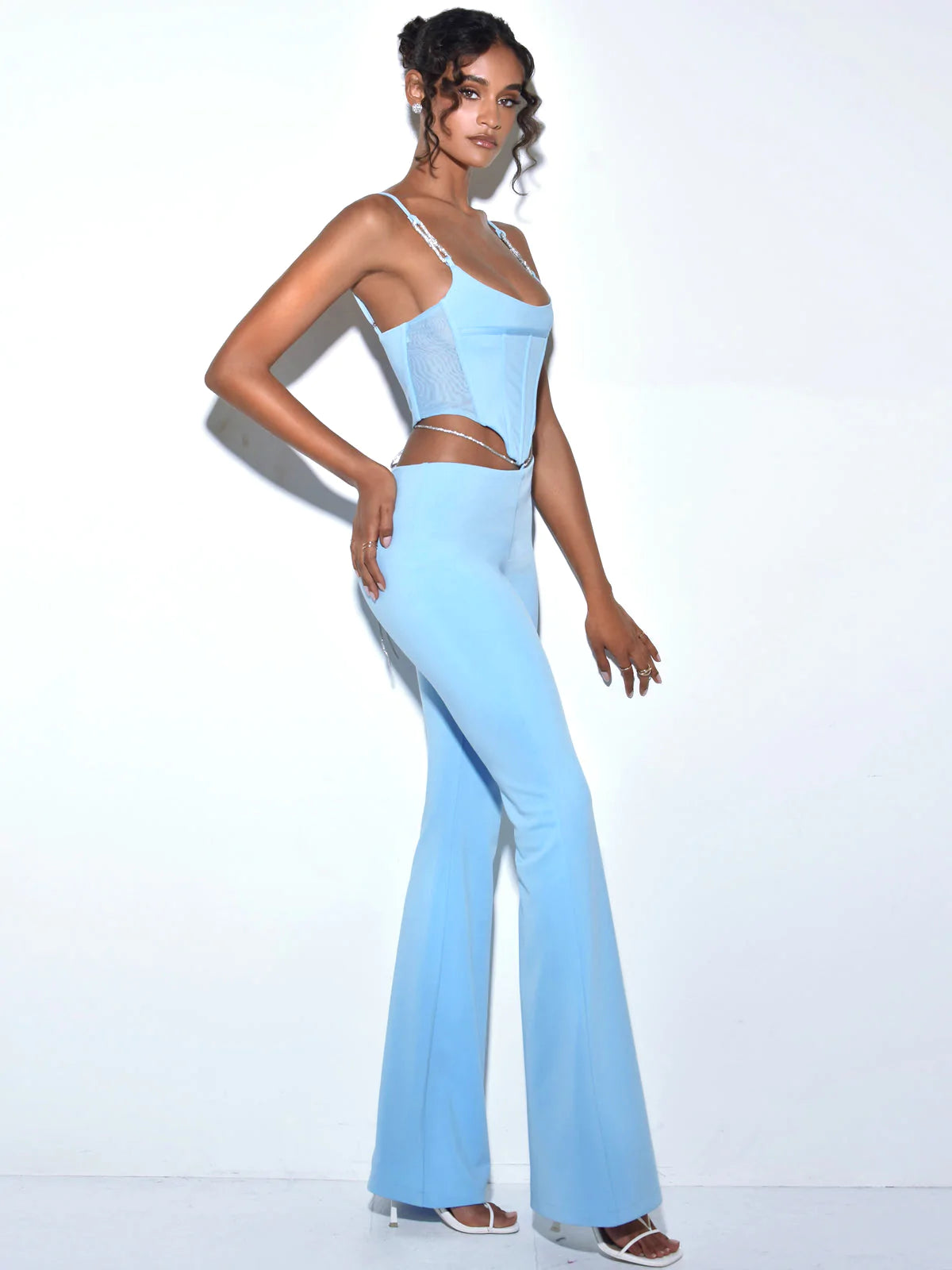 PRE-ORDERS Fulani Powder Blue Crystal Waist Strap Flare Pants