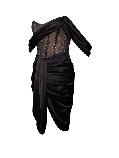 PRE-ORDER Elena Off Shoulder Corset Satin Dress with Crystals x Black